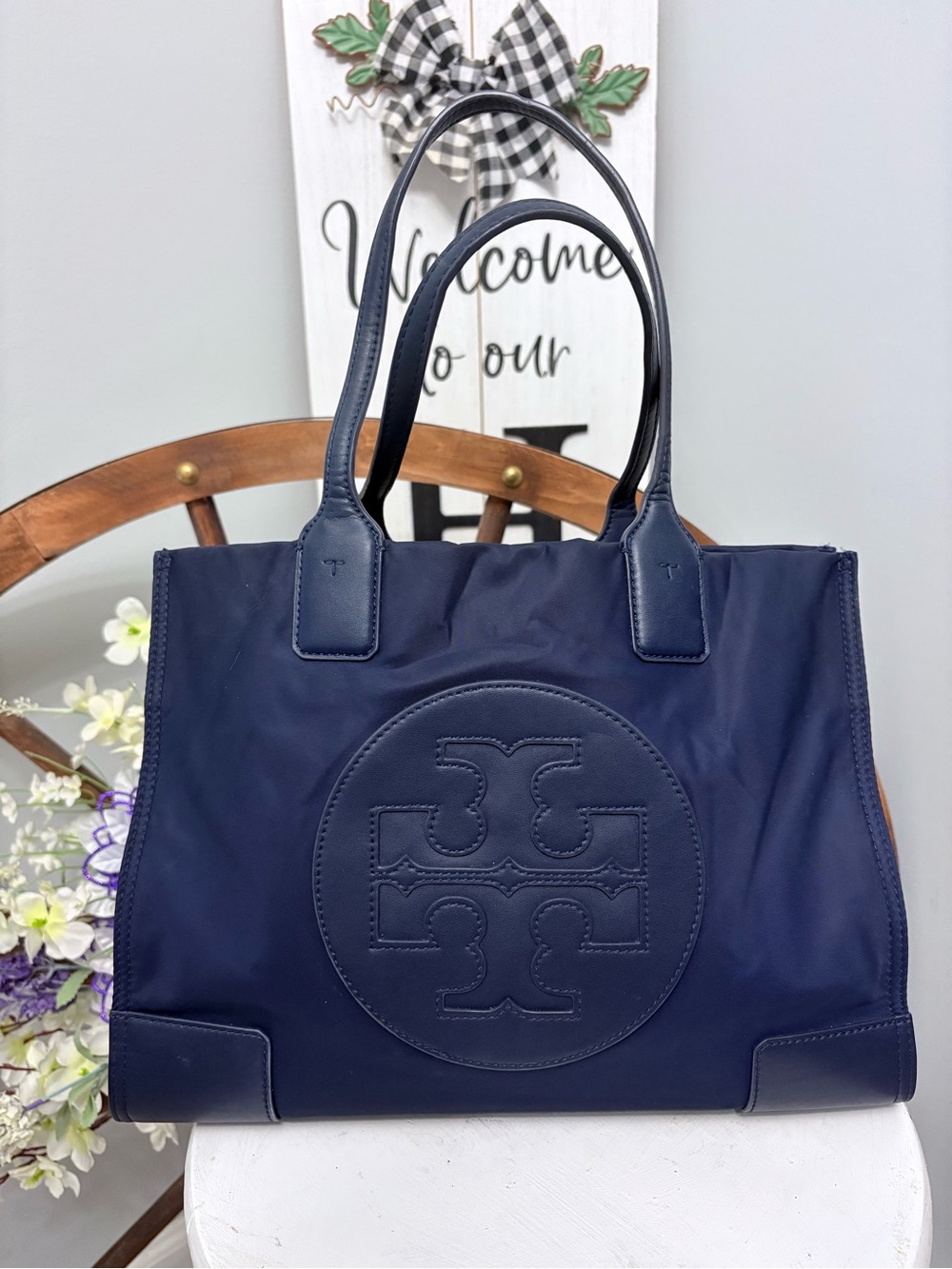 💙 TORY BURCH Navy Signature Ella Small Tote with tag